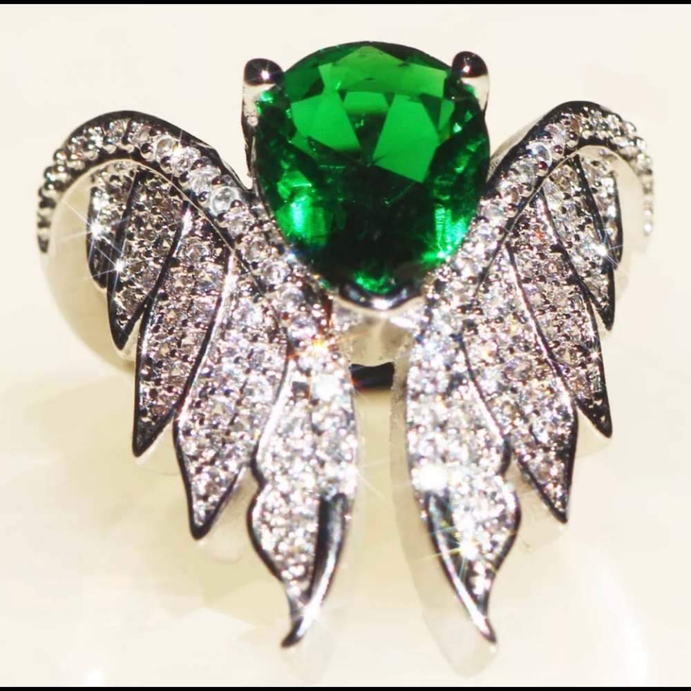 Green Statement silver angel wings ring - Picture 2 of 5